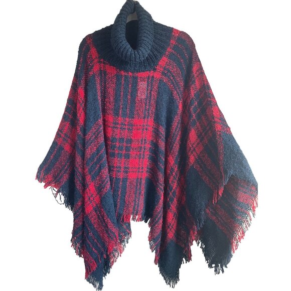 New W/Tags CATO Womens OS Buffalo Check Turtleneck Plaid Poncho Navy/Red Fringe - Picture 1 of 7